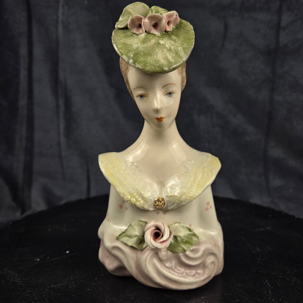 Vintage Cordey Porcelain Lady Bust Number #143/5004 Green Pink Hat Florals
